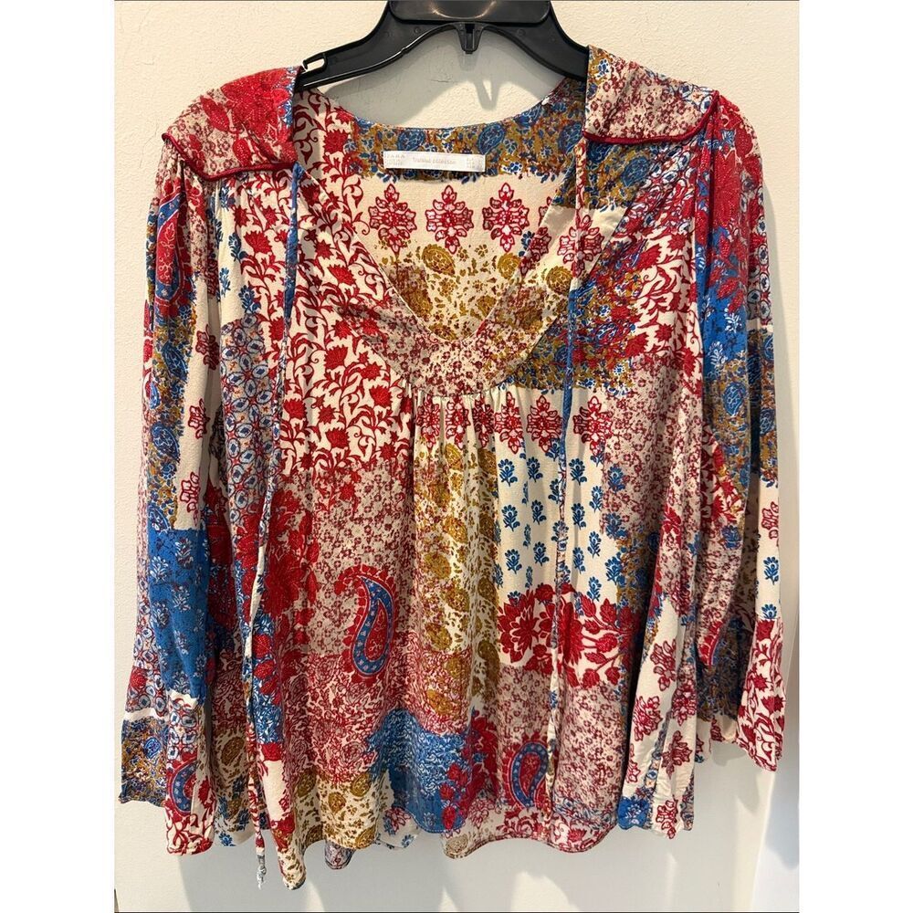 Zara Trafaluc Red Blue Boho Patchwork Tie-Front Blouse bell sleeve size Large